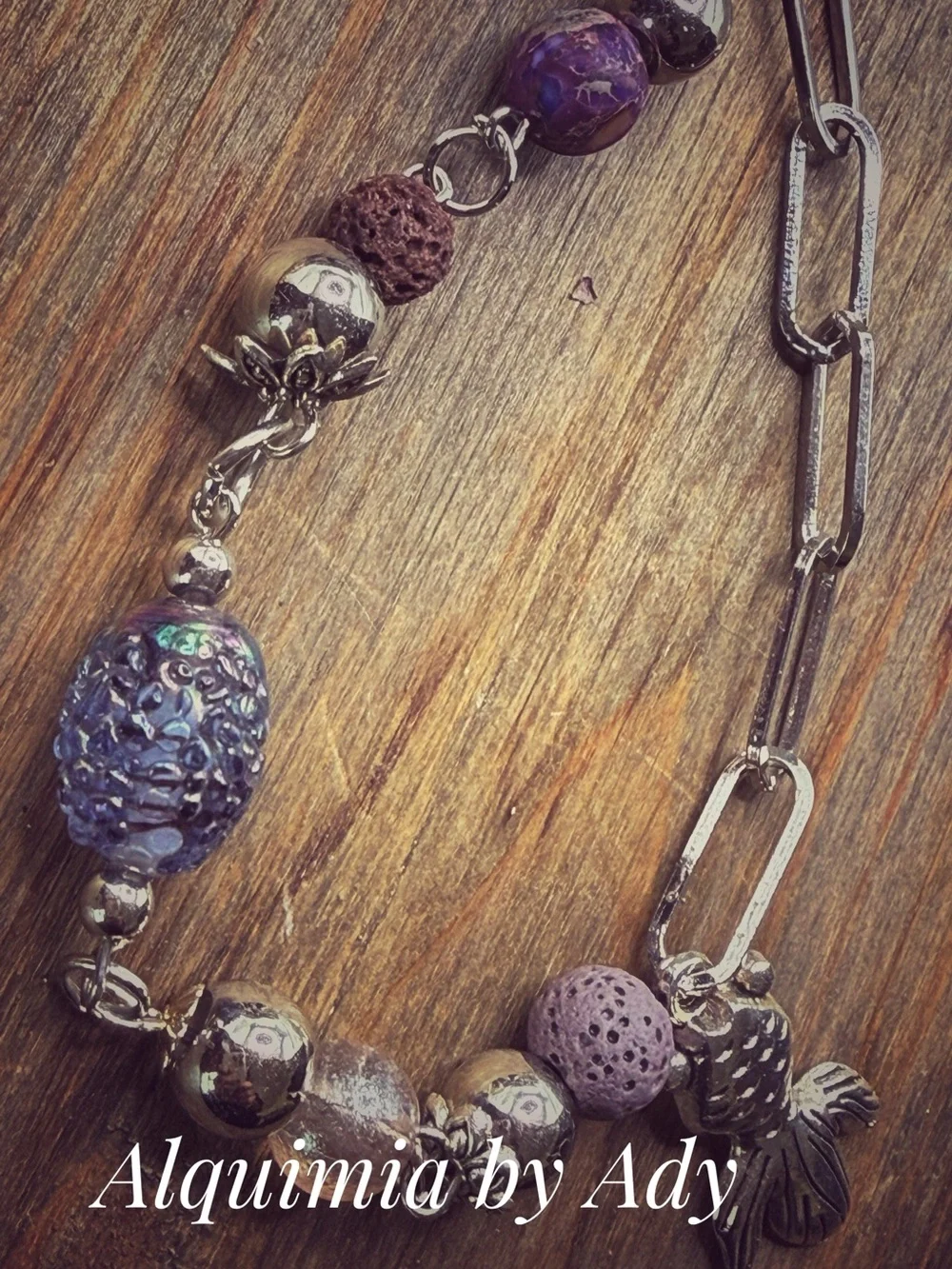 Silver-Tone anklet Bracelet with Purple stones Beads and Fish Charm